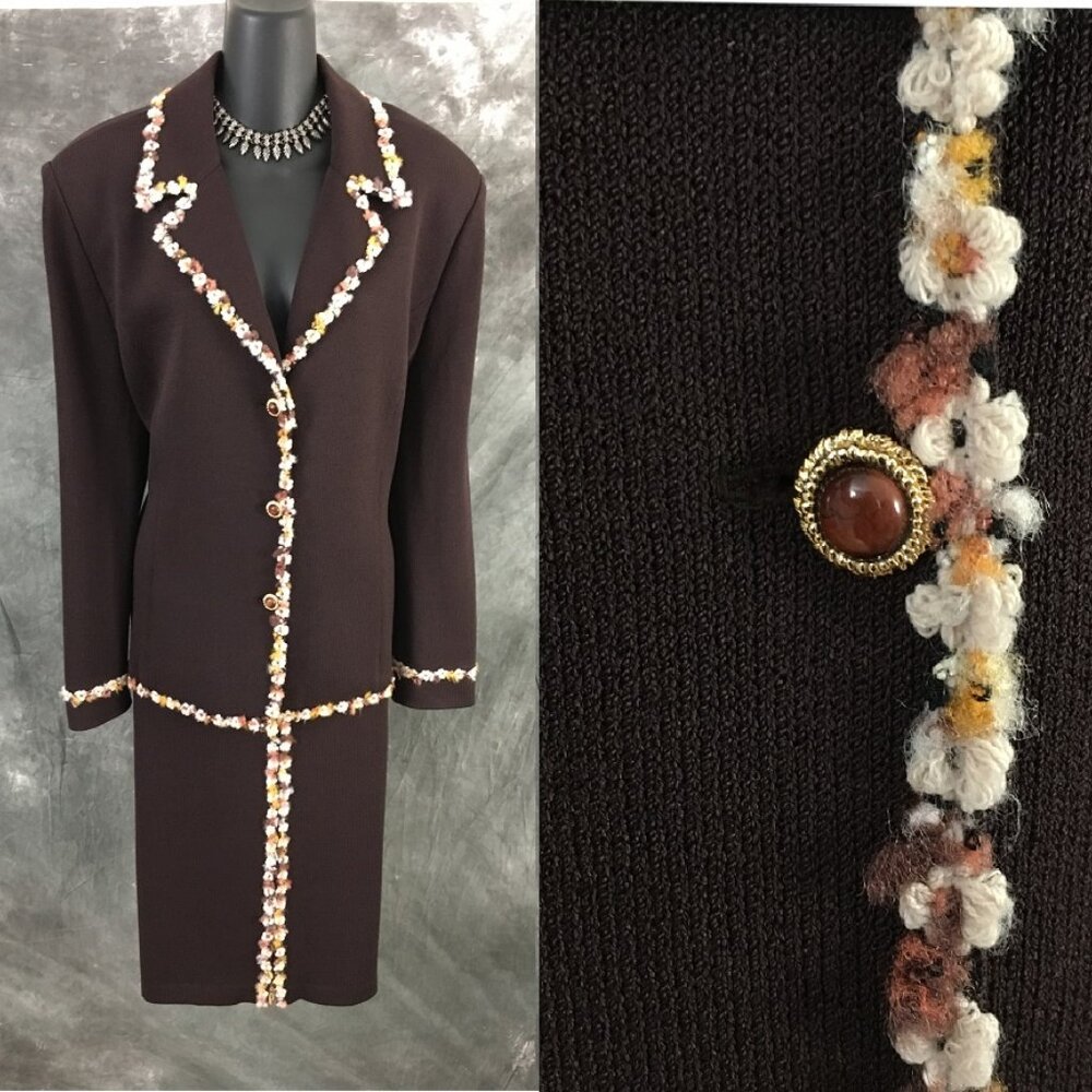 BEAUTIFUL St John collection knit brown multi jacket skirt suit 16